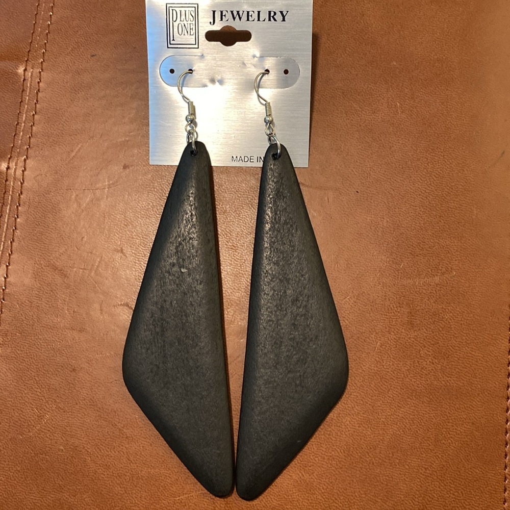 Plus One Big  Midnight black wood dangle pierced earrings